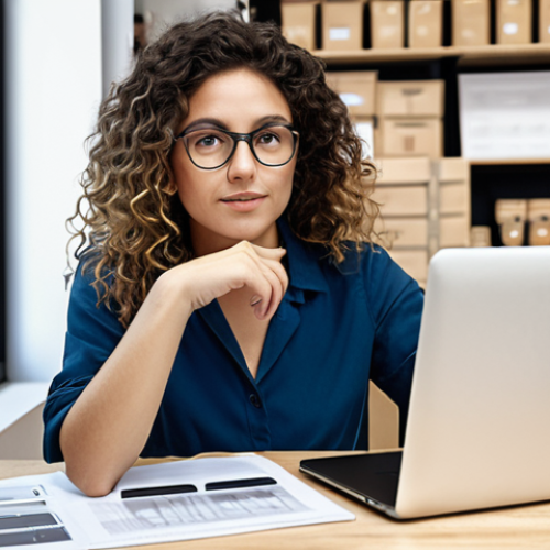 **A freelancer in a modern Italian co-working space, confidently presenting a visually appealing SEO report for an e-commerce client, showcasing increased website traffic and sales.** (Focus: Specialization, success, Italian business context).