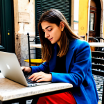 **

A young Italian woman, fully clothed in stylish casual wear, works on her laptop at a charming caf&eacute; in Rome. The background includes cobblestone streets, colorful buildings, and people enjoying the sunny day. Safe for work, appropriate content, modest, professional quality, perfect anatomy, natural pose.

**