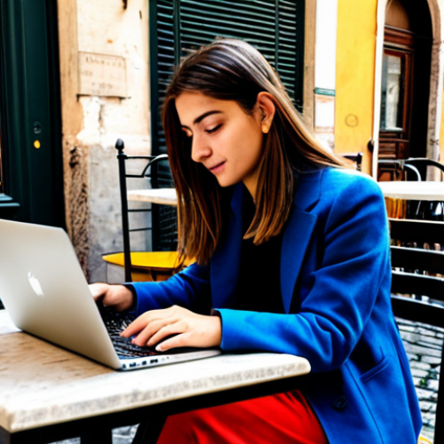 **

A young Italian woman, fully clothed in stylish casual wear, works on her laptop at a charming caf&eacute; in Rome. The background includes cobblestone streets, colorful buildings, and people enjoying the sunny day. Safe for work, appropriate content, modest, professional quality, perfect anatomy, natural pose.

**