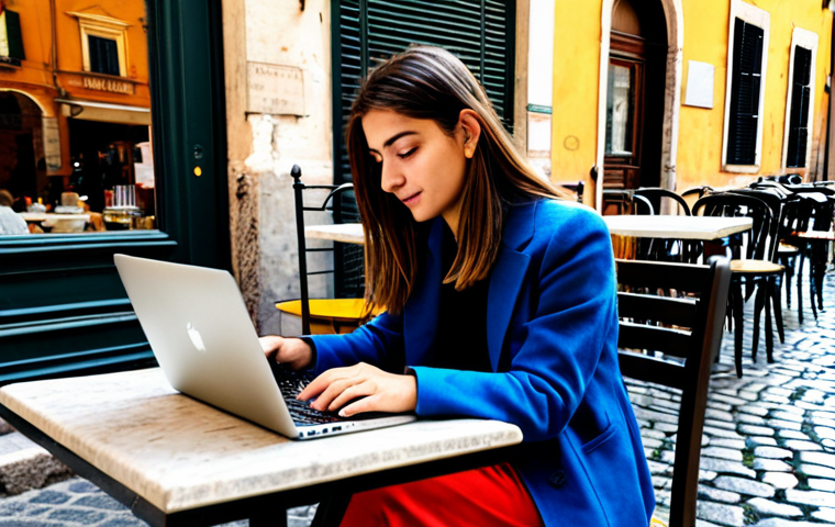**
A young Italian woman, fully clothed in stylish casual wear, works on her laptop at a charming café in Rome. The background includes cobblestone streets, colorful buildings, and people enjoying the sunny day. Safe for work, appropriate content, modest, professional quality, perfect anatomy, natural pose.
**