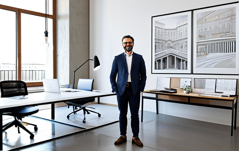 **Prompt:** A freelance architect, fully clothed in professional attire, presenting blueprints in a modern Italian co-working space, safe for work, appropriate content, perfect anatomy, natural proportions, professional architectural photography, high quality, family-friendly.
