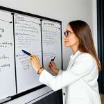 Strategic Planning**

"A determined freelance graphic designer in a bright, modern co-working space, reviewing a whiteboard covered in SMART goals written in Italian. She is fully clothed in stylish, professional attire. The atmosphere is productive and optimistic. Safe for work, appropriate content, perfect anatomy, natural pose, high quality."

**