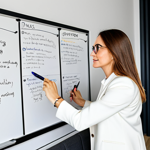 Strategic Planning**

"A determined freelance graphic designer in a bright, modern co-working space, reviewing a whiteboard covered in SMART goals written in Italian. She is fully clothed in stylish, professional attire. The atmosphere is productive and optimistic. Safe for work, appropriate content, perfect anatomy, natural pose, high quality."

**